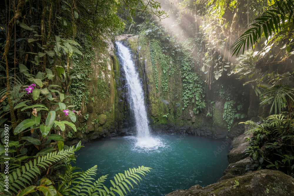 Tropical Waterfall Cascading Into Clear Pool Surrounded By Lush Rainforest Vegetation In Sunlight Tropical Waterfall Cascading Into Clear Pool Surrounded By Lush Rainforest Vegetation In Sunlight