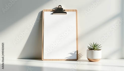  Realistic A4 paper mockup with wooden clipboard on clean desk, minimalistic professional workspace in soft natural lighting with copy space  