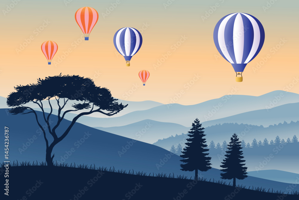Obraz premium Colorful Hot Air Balloons Floating Over Serene Mountain Landscape at Dusk with Stunning Sunset Sky