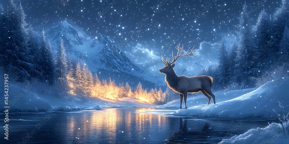 Fototapeta premium Majestic stag standing by a serene winter river under snowfall