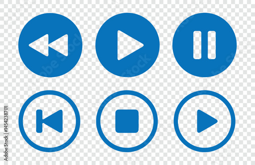 Blue Media player flat icons set.  Play, pause, next, previous, faster, slow down, record button sign, symbol vector illustration Eps 10