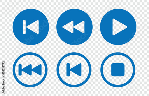 Blue Media player flat icons set.  Play, pause, next, previous, faster, slow down, record button sign, symbol vector illustration Eps 10