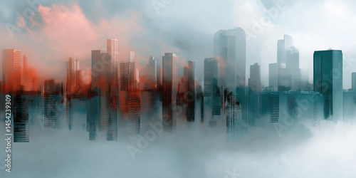 A city skyline with a foggy atmosphere