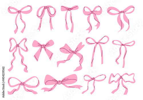 Whimsical Hand Drawn Pink Ribbon Bow. A playful and elegant collection of 14 hand drawn ribbon bows featuring loops curves flowing tails and more. Perfect for packaging girly craft and romantic accent