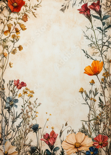 Wildflowers arranged beautifully against a textured background in natural light during springtime, generative ai