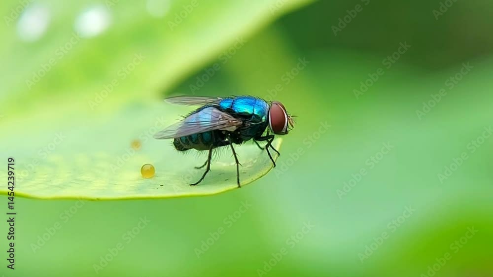 The common green bottle fly (Lucilia sericata) is a green fly found in most parts of the world and is the best known of the green bottle fly species. Macro videography. The common green bottle fly (Lucilia sericata) is a green fly found in most parts of the world and is the best known of the green bottle fly species. Macro videography.