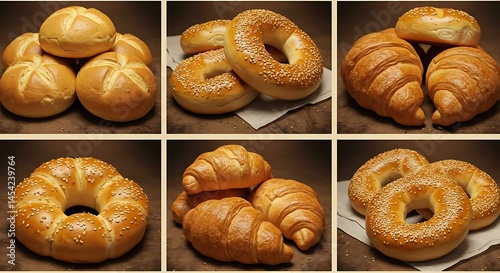 A collage of various bread types including croissants, bagels, and rolls on a dark background. Representing selection and variety of bakery products.