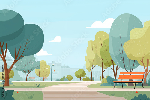 A park with a bench and a path