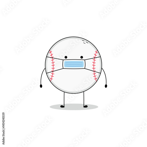 Cute Baseball Ball cartoon character wearing medical mask doodle