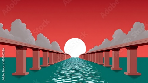 Sunset Bridge Red Sky with Ocean Vista, and Long Road Ahead.