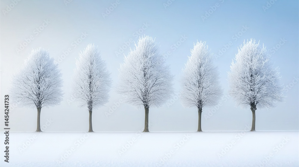 Fototapeta premium Five frost-covered trees in a snowy field