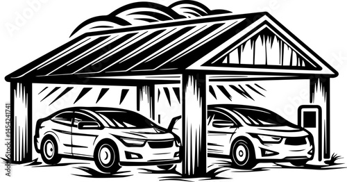 SVG vector of smart green cities powered by clean energy. Two Cars in a Covered Parking Garage with Solar Panels Design