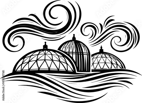 SVG vector of smart green cities powered by clean energy. Stylized Illustration of Architectural Domes with Decorative Swirls