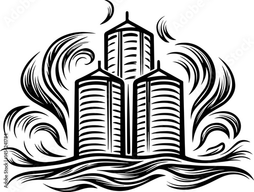 SVG vector of smart green cities powered by clean energy. Abstract Illustration of Tall Buildings Surrounded by Waves and Swirls
