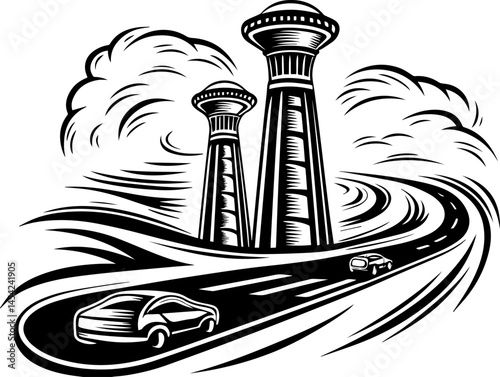 SVG vector of smart green cities powered by clean energy. Vintage style illustration of highway with towers and cars