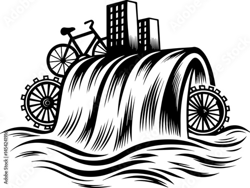 SVG vector of smart green cities powered by clean energy. Urban Bicycle Flood Illustration with Waves and Buildings