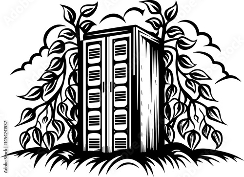 SVG vector of smart green cities powered by clean energy. Vintage Cabinet Surrounded by Lush Green Leaves and Vines