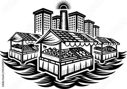 SVG vector of smart green cities powered by clean energy. Urban Market Scene with Stands and Cityscape in Black and White