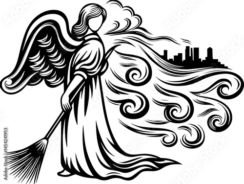 SVG vector of smart green cities powered by clean energy. Angelic Figure Sweeping Away Pollution and Urban Smoke in Illustration