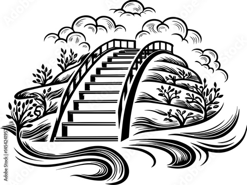 SVG vector of smart green cities powered by clean energy. Elegant Bridge Design Over Water With Trees and Clouds Above