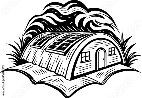 SVG vector of smart green cities powered by clean energy. Innovative Solar-Powered Greenhouse in a Rural Landscape Design