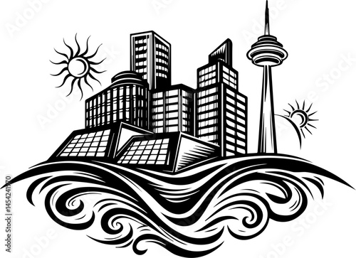 SVG vector of smart green cities powered by clean energy. Urban Landscape with Skyscrapers and Waves in Black and White Art