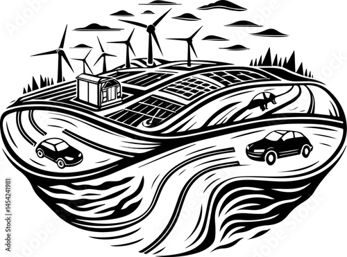 SVG vector of smart green cities powered by clean energy. Renewable Energy Landscape with Solar Panels and Wind Turbines