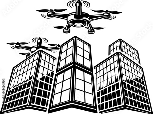 SVG vector of smart green cities powered by clean energy. Urban Skyline with Drone Flying Above Modern Skyscrapers in Black and White
