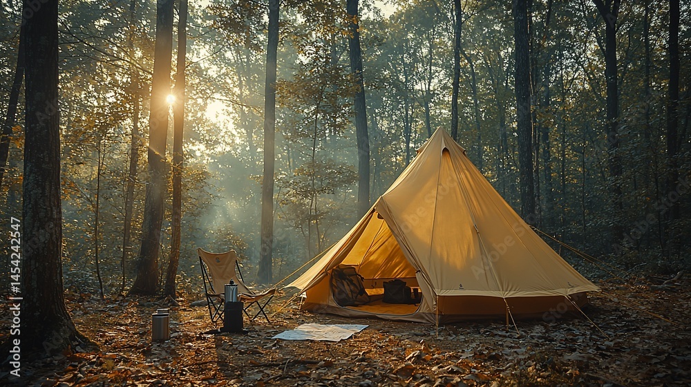 Camping tent in forest at sunrise