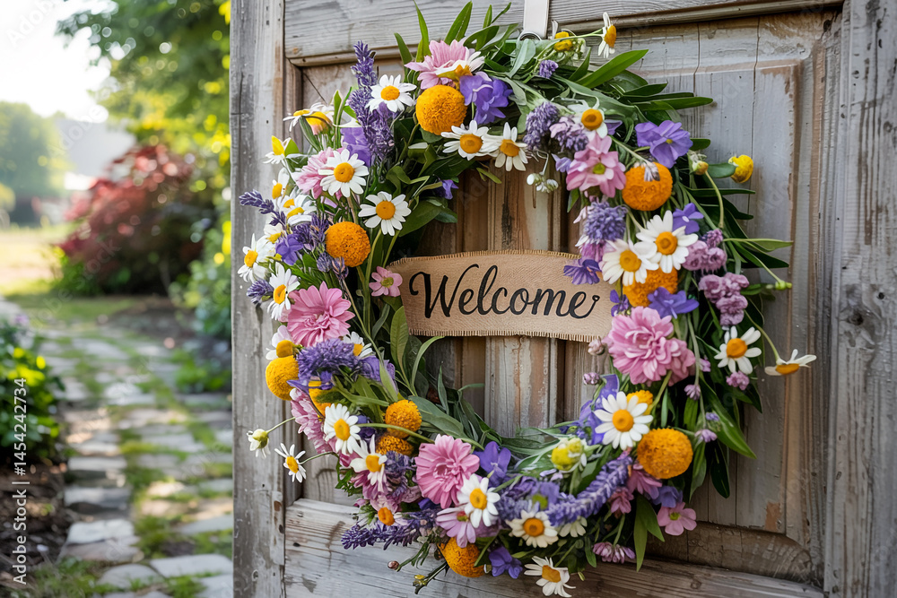 Fototapeta premium Floral Welcome Wreath On Rustic Wood Door With Daisies Lavenders And Orange Flowers