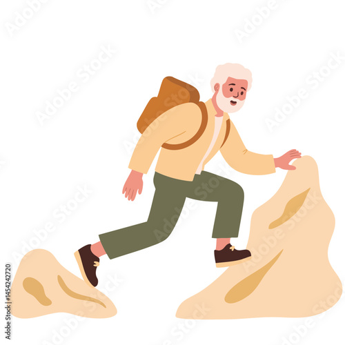 Senior man climbing rocks. Elderly man hiking on rocky mountain. Retired man climbing steep rocks. Active senior adventurer in nature. Elderly set