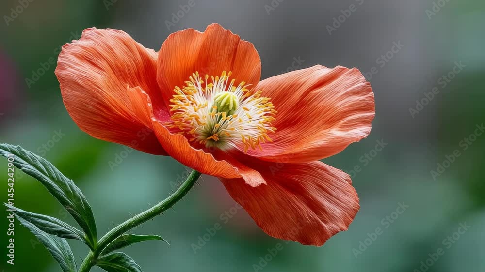 Close up of a red flower with a green stem. The flower is the main focus of the image and it is in full bloom. The bright red color of the flower contrasts with the green stem