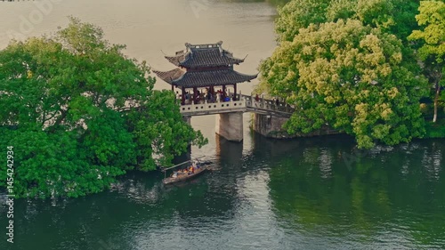 Aerial view of natural scenery and cruise boat on West lake ,Hangzhou,China.