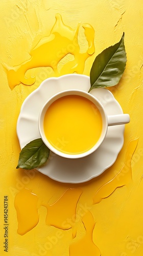 Warm, yellow beverage in a fluted cup, with leaves and spills on a vibrant yellow textured surface