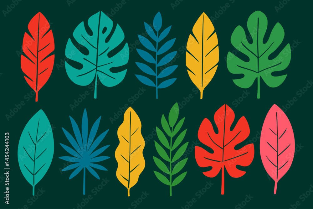 Fototapeta premium Colorful Tropical Leaves Flat Vector Illustration on Dark Green Background