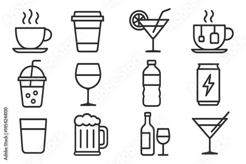 Assorted Drink Icons Including Coffee, Tea, Cocktail, Soda, Wine, Beer, Water, and Juice