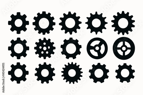 Assorted Black Gear Icons in Flat Style on White Background