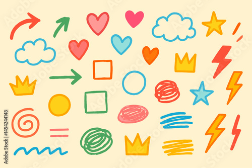 Colorful Hand Drawn Doodle Icons Including Hearts Stars Lightning Crowns and Shapes