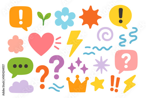 Colorful Doodle Icons Including Heart, Crown, Lightning, Speech Bubbles, and Question Marks