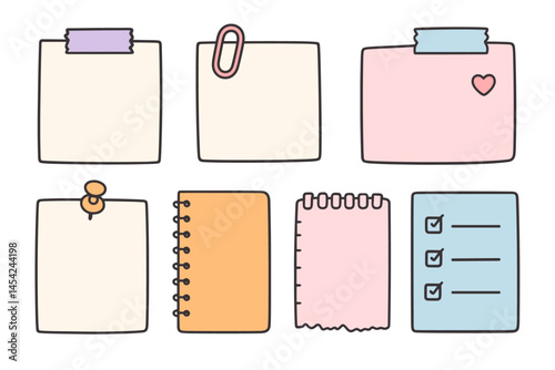Hand Drawn Sticky Notes, Notepads, and List Icons with Paperclips and Pins