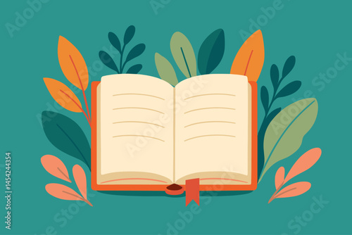 Open Book with Decorative Leaves on Green Background Illustration