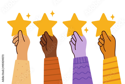 Diverse Hands Holding Five Star Ratings for Feedback and Review