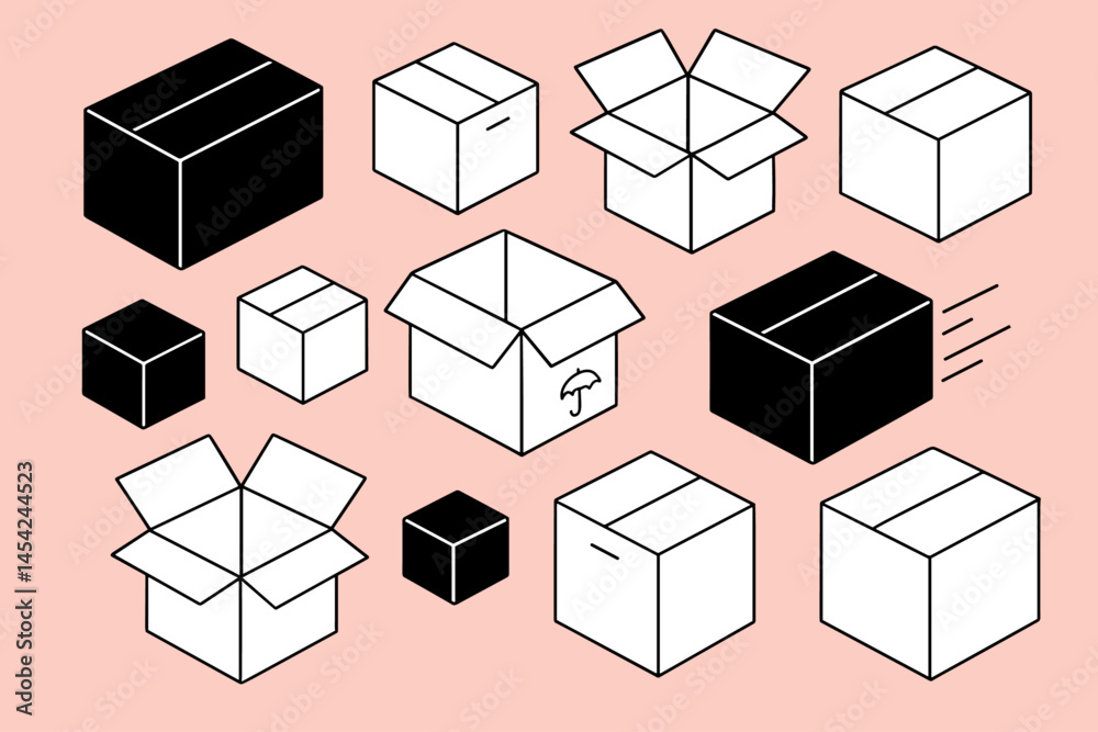 Various Cardboard Boxes and Shipping Packages on Pink Background Illustration Various Cardboard Boxes and Shipping Packages on Pink Background Illustration