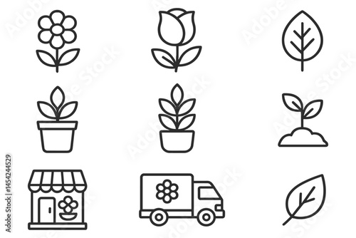 Floral and Botanical Line Icons Set with Flower Shop and Delivery Truck