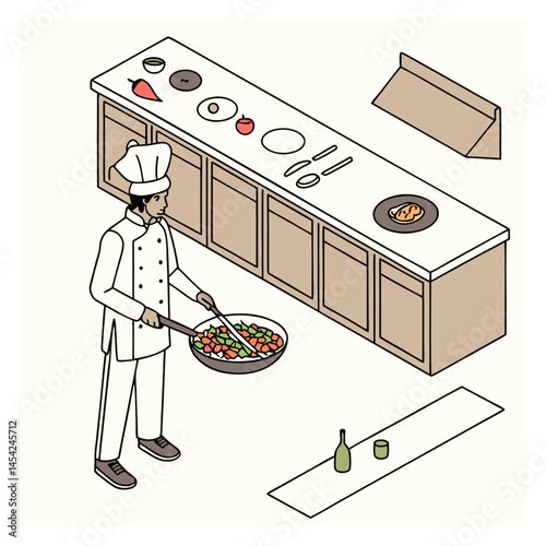 Flat illustration of a chef standing in a kitchen preparing a fancy dish on the counter
