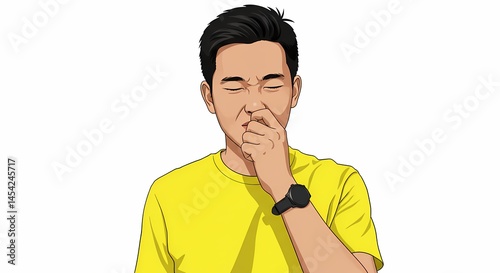 Expressive depiction of an individual reacting adversely to a repugnant smell while wearing a yellow shirt and timepiece