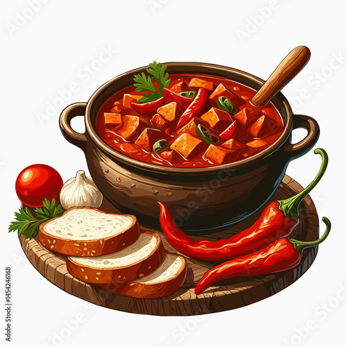 Hungarian goulash with paprika and rustic bread, colored vector on white background