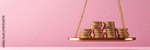 Gold coins stacked on scales with chain on pink background, representing balance and financial themes