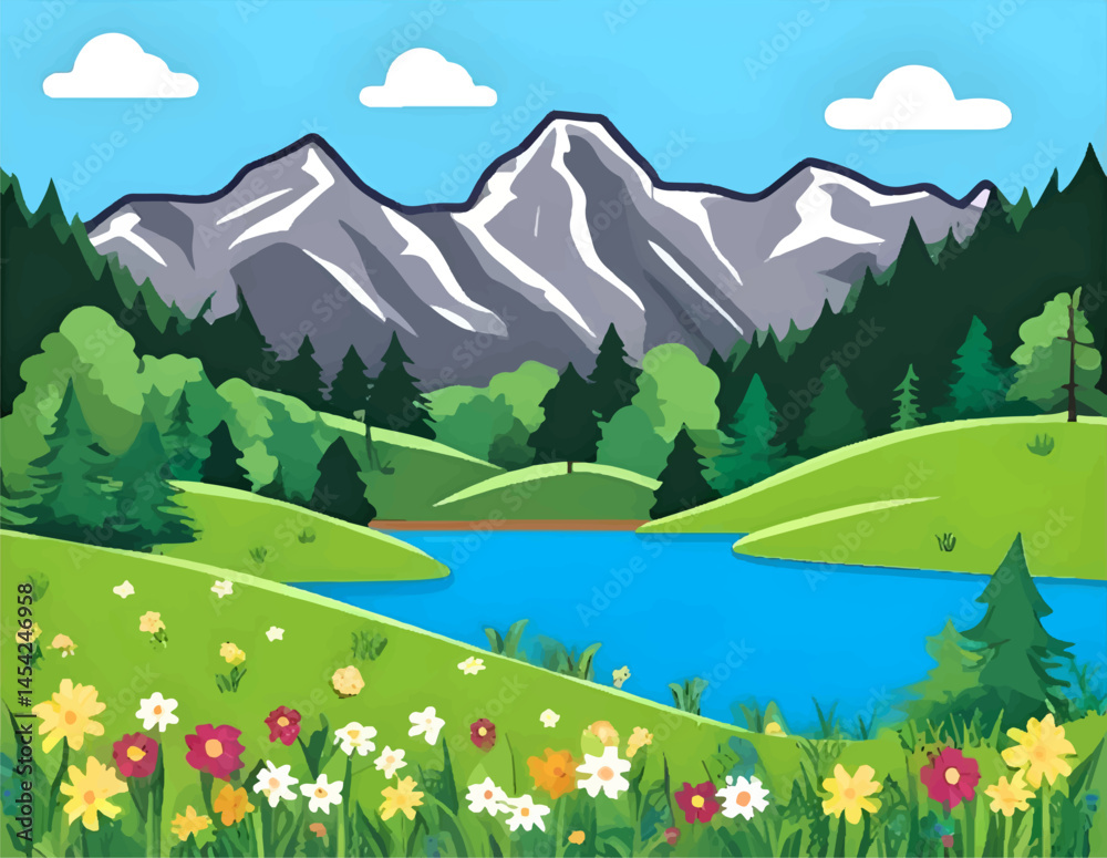 Obraz premium Scenic Mountain Lake Landscape with Hills, Trees and Flowers