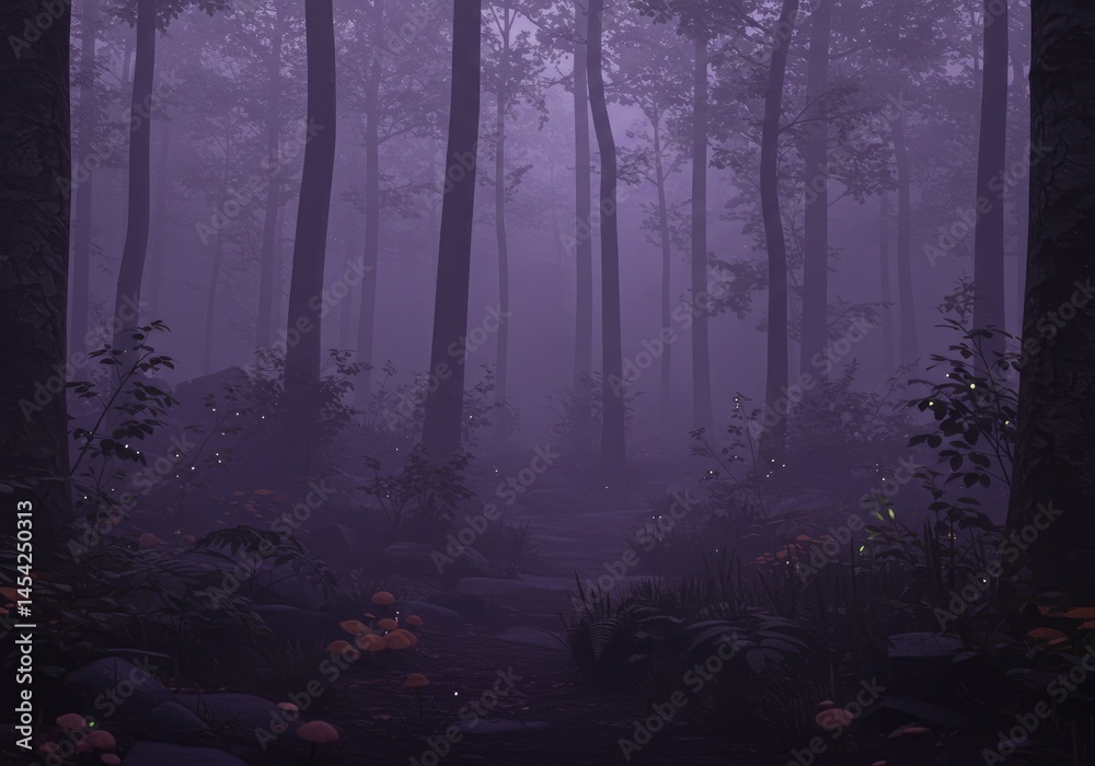Obraz premium A shadowed forest veiled in eerie purple mist, where unseen creatures lurk in silence.